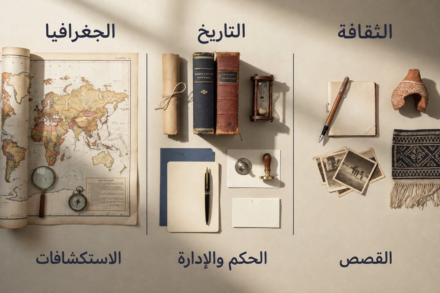 أطلس التاريخ، مجالات معرفية متنوعة تشمل الخرائط والكتب والأدوات القديمة لشرح التاريخ والجغرافيا والحكم والقصص والثقافة